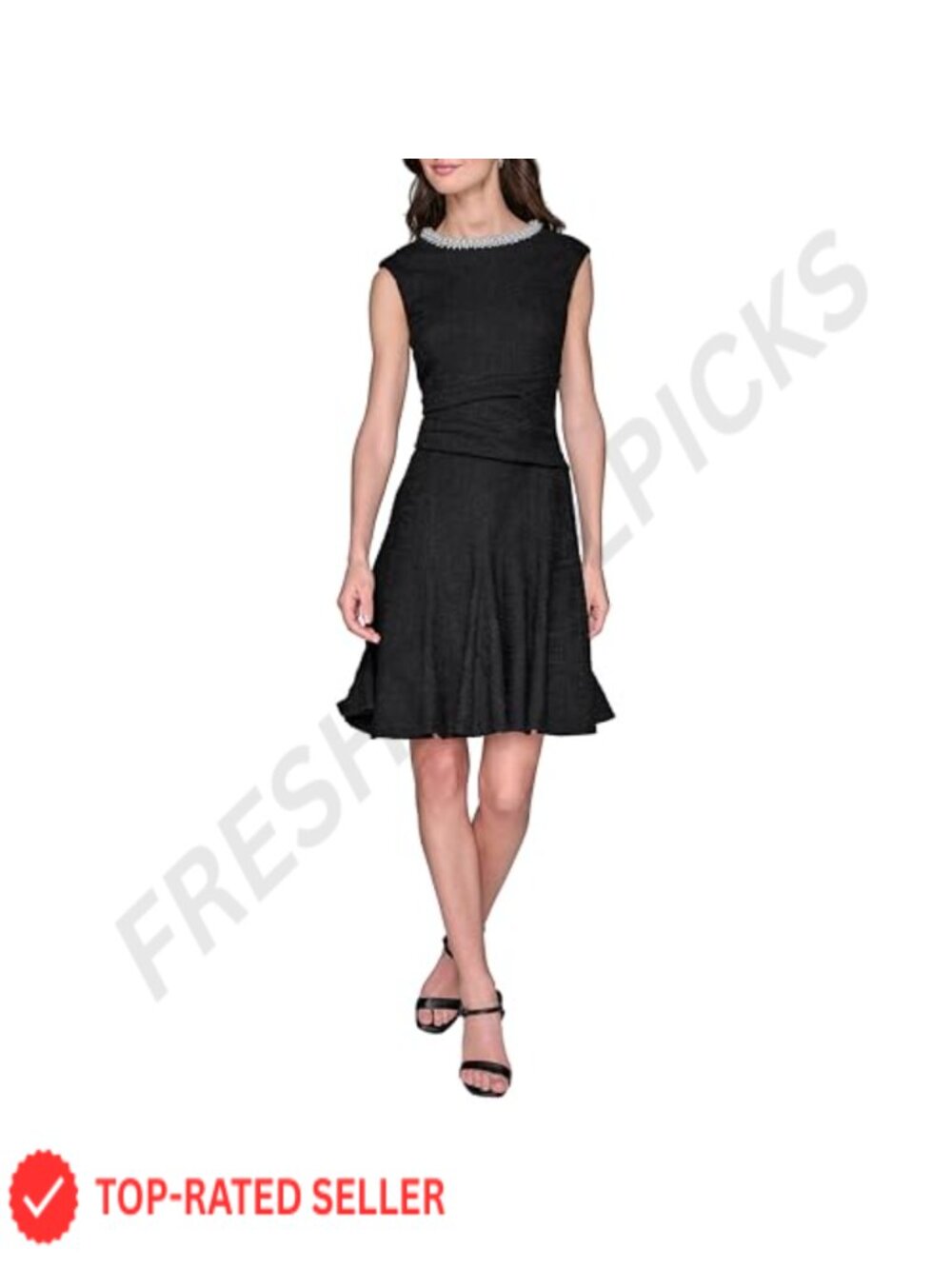 Karl Lagerfeld Textured Tweed Fit Flare Sleeveless Stretch Dress Pearl Neck Trim